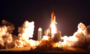 Space Shuttle Endeavour, on the STS-123 mission, lights up Launch Pad 39A and the night sky. Liftoff was on time at 2:28 a.m. (EDT) March 11. The crew will make a record-breaking 16-day mission to the International Space Station and deliver the first section of the Japan Aerospace Exploration Agency's Kibo laboratory and the Canadian Space Agency's two-armed robotic system, Dextre. (NASA photo/Jim Grossmann)